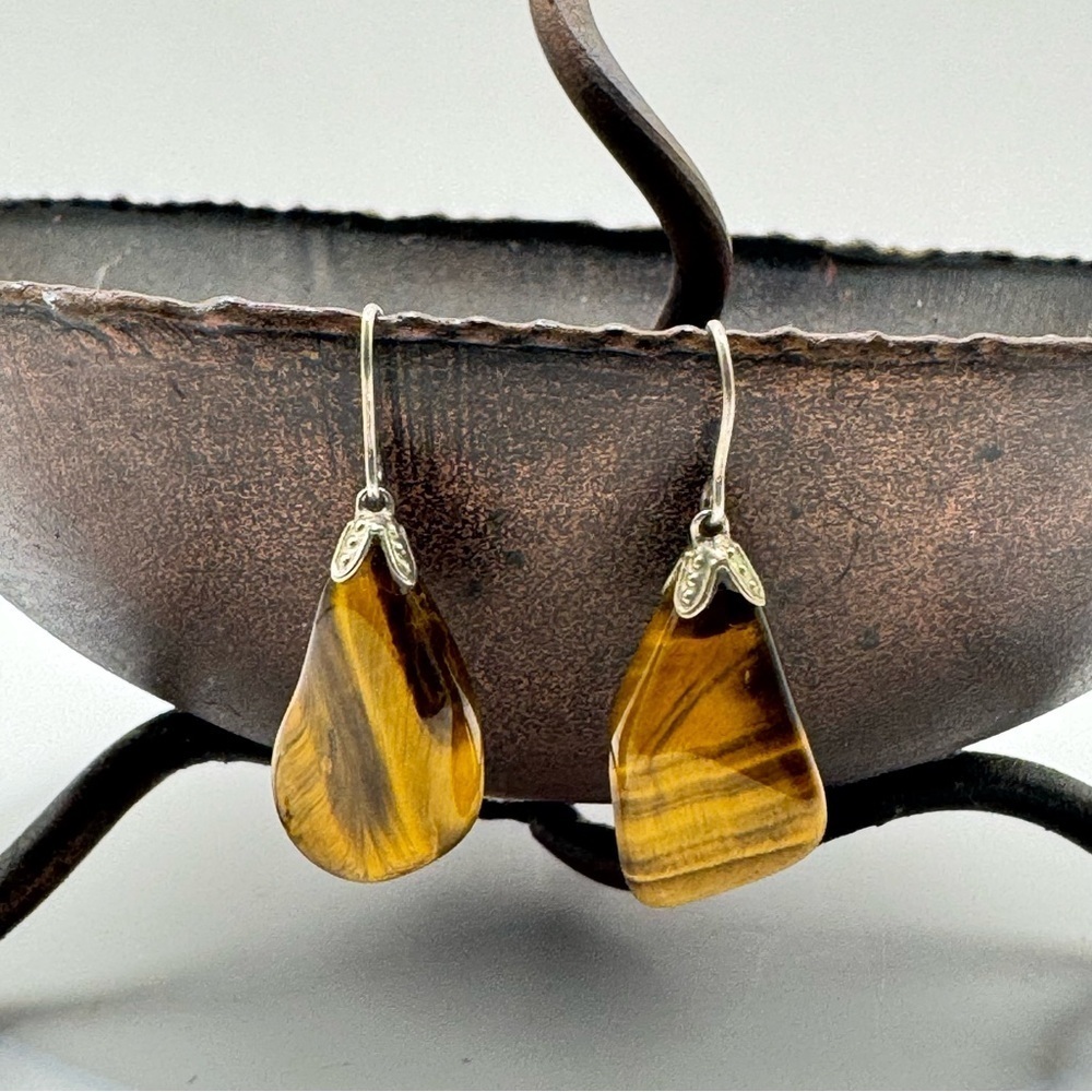 Tiger’s Eye Teardrop Sterling Silver Hook Dangle Earrings | Natural Stone